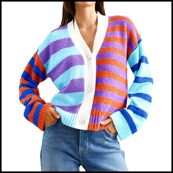 Sweaters - V-Neck Open Front Cardigan, Fuzzy Knit, Loose Fit, Long Sleeve, Button Up